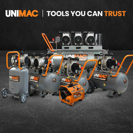 Assorted Unimac air compressors with orange handles on display, workshop tools background