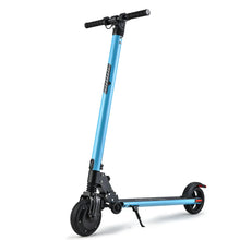 Blue folding electric scooter with black handles and kickstand, isolated on white background