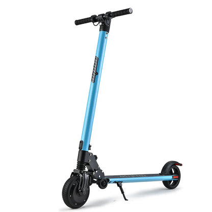 Blue folding electric scooter with black handles and kickstand, isolated on white background