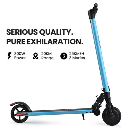 Blue electric scooter with 300W motor, 20KM range, 25KM/H speed and three riding modes.