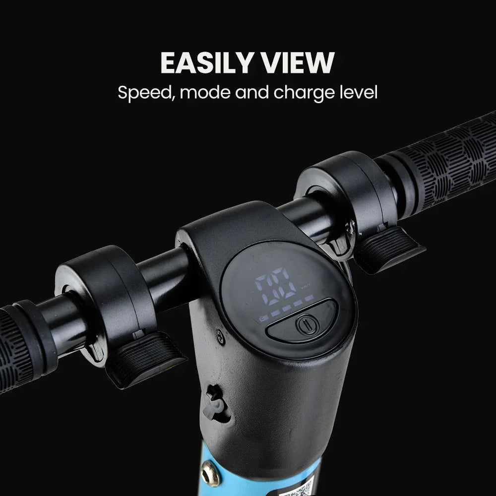 Electric scooter handlebar with LCD display showing speed, mode and battery level