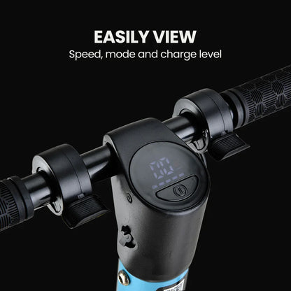 Electric scooter handlebar with LCD display showing speed, mode and battery level