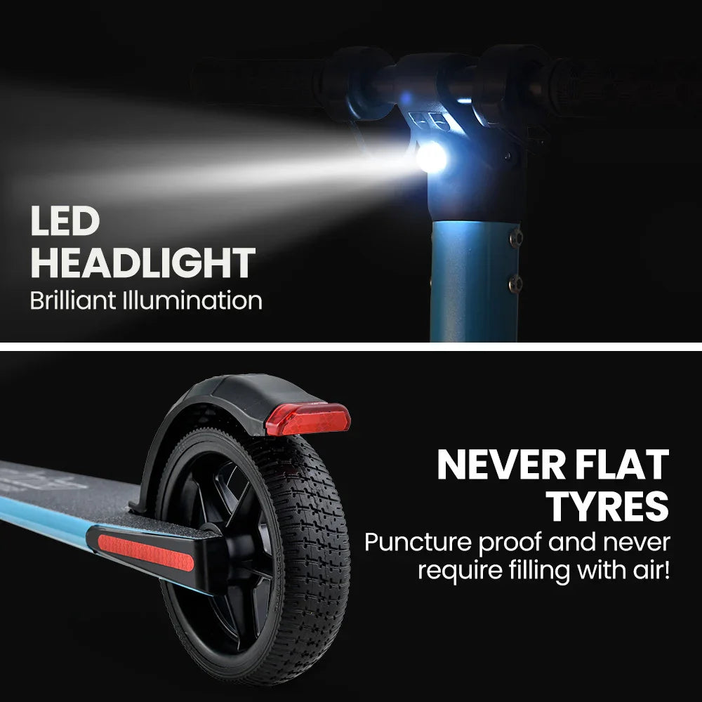 Electric scooter with LED headlight and never flat tyres, puncture proof durable wheels.