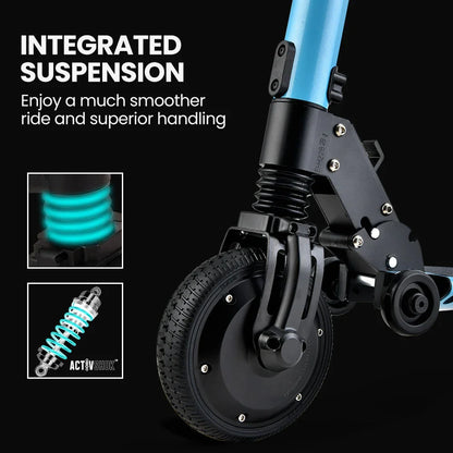 Close-up of a scooter front wheel with integrated suspension and shock absorber system