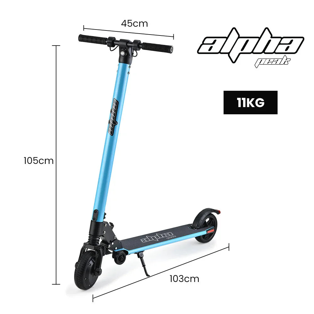 Blue electric scooter with dimensions 105cm height, 45cm handlebar width, 103cm length, 11kg weight