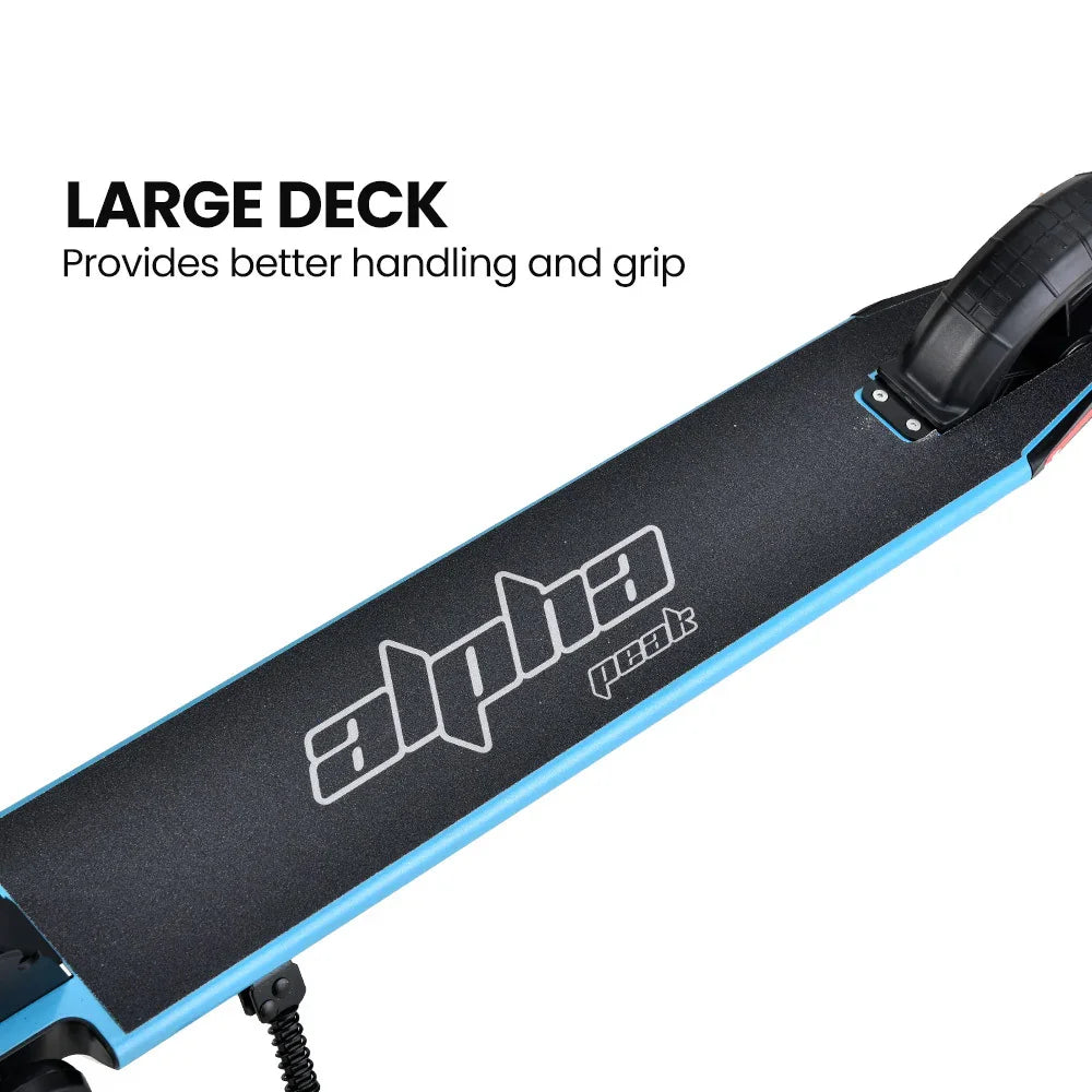 Close-up of a blue scooter deck with large grip area and rear wheel, alpha peak logo visible.