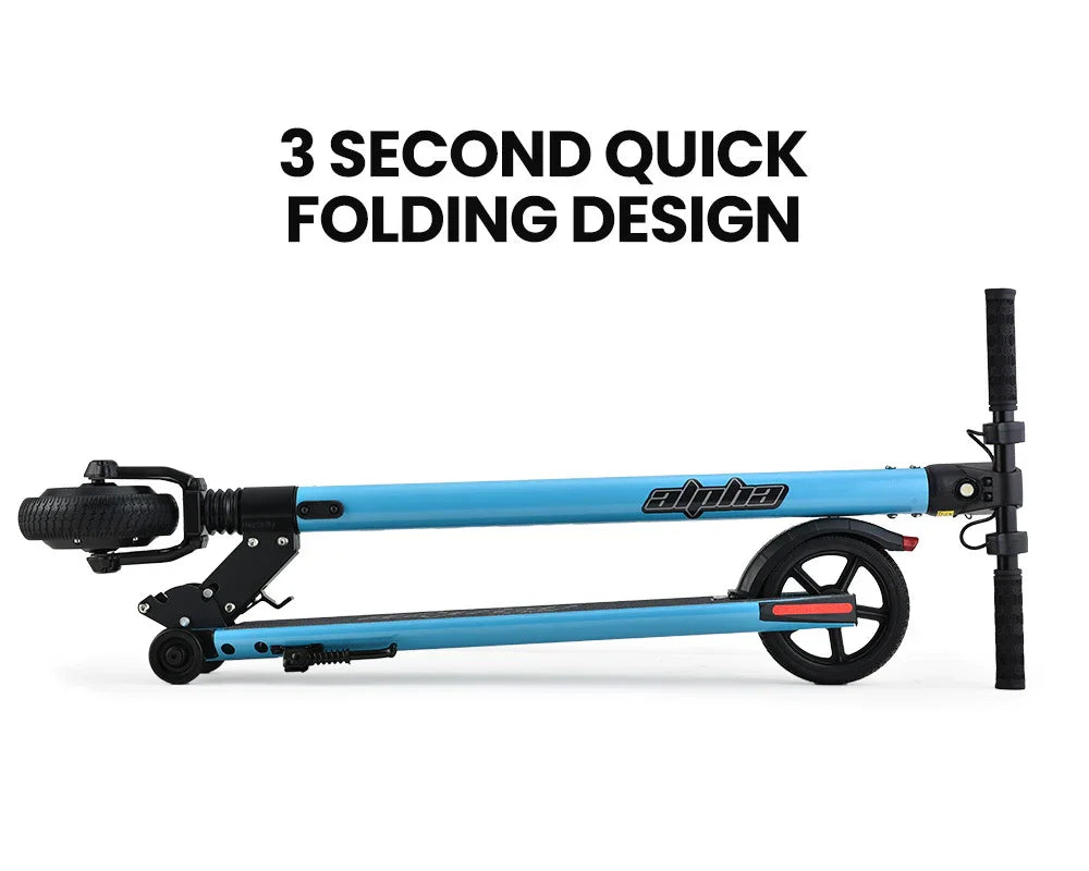 Blue folding electric scooter with black wheels, three second quick folding design feature shown.