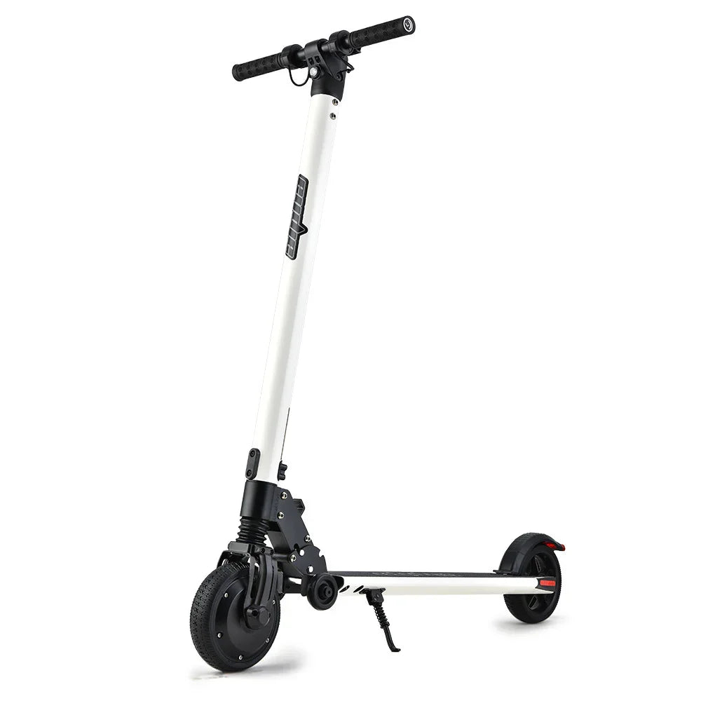 White foldable electric scooter with kickstand, black handlebars, and solid tires
