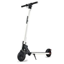 White foldable electric scooter with kickstand, black handlebars, and solid tires