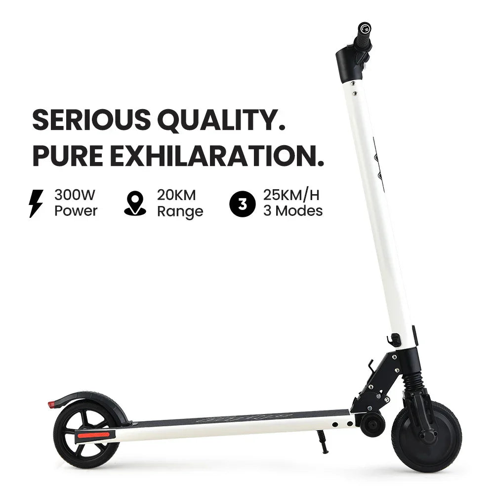 White electric scooter with 300W power, 20km range, and 25km/h top speed, side view.