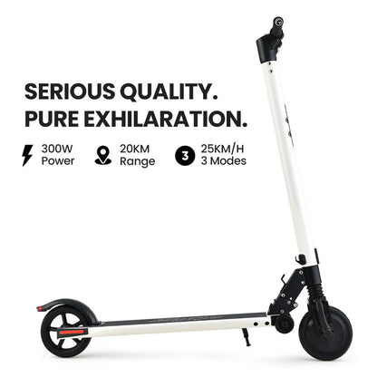 White electric scooter with 300W power, 20km range, and 25km/h top speed, side view.
