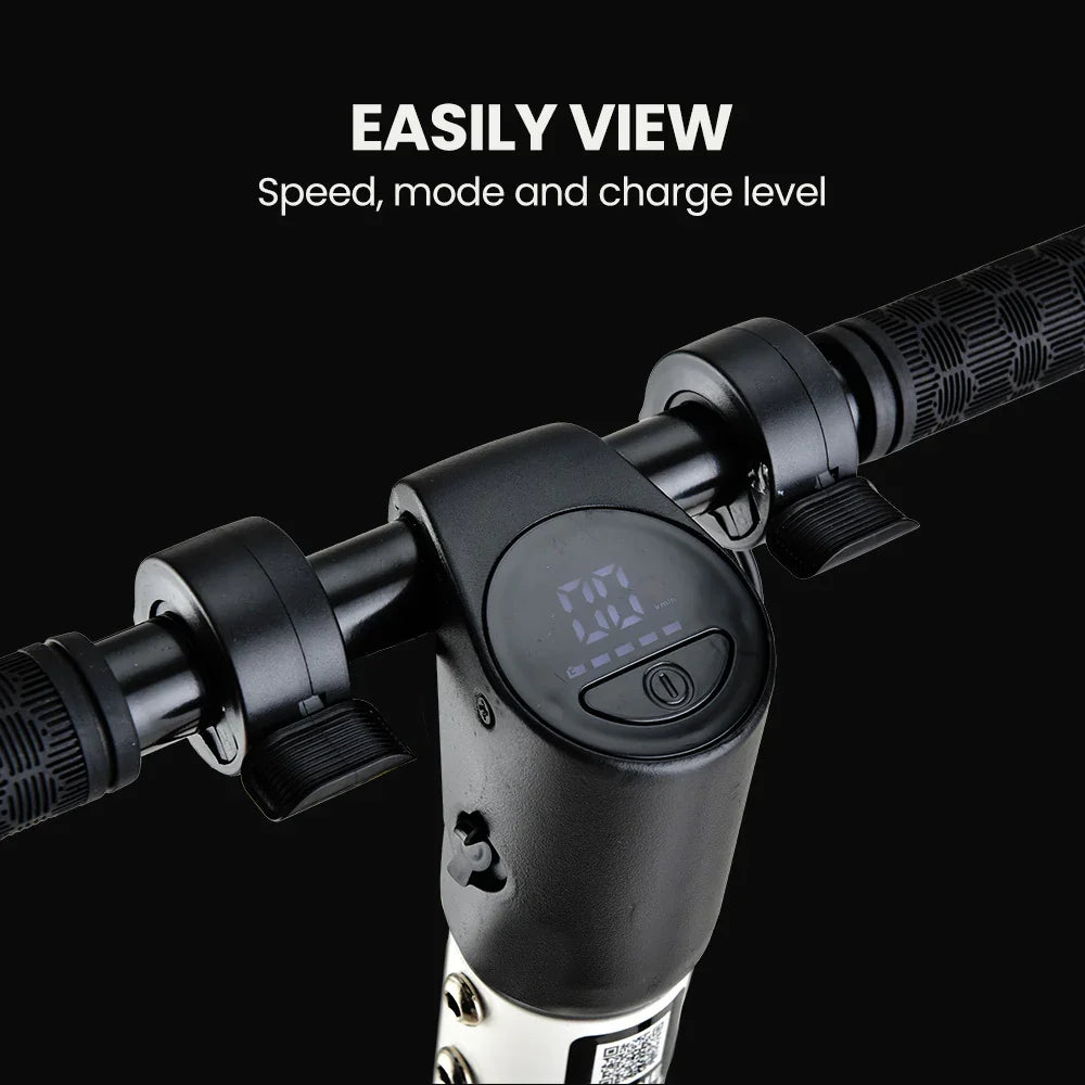 Electric scooter handlebar with digital display for speed, mode, and battery level