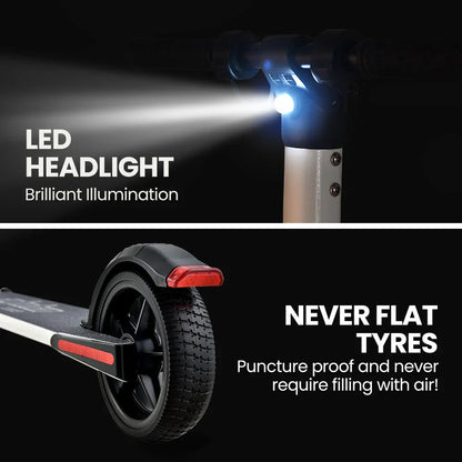 Electric scooter with LED headlight and puncture-proof never flat tyres, close-up view
