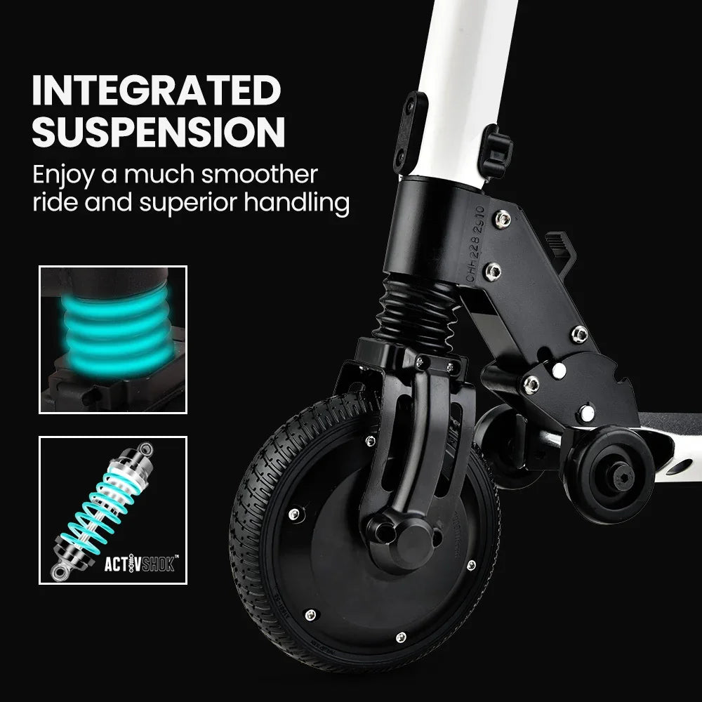 Close-up of scooter wheel with integrated suspension, highlighting spring shock absorber.