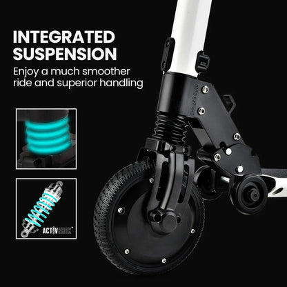 Close-up of scooter wheel with integrated suspension, highlighting spring shock absorber.