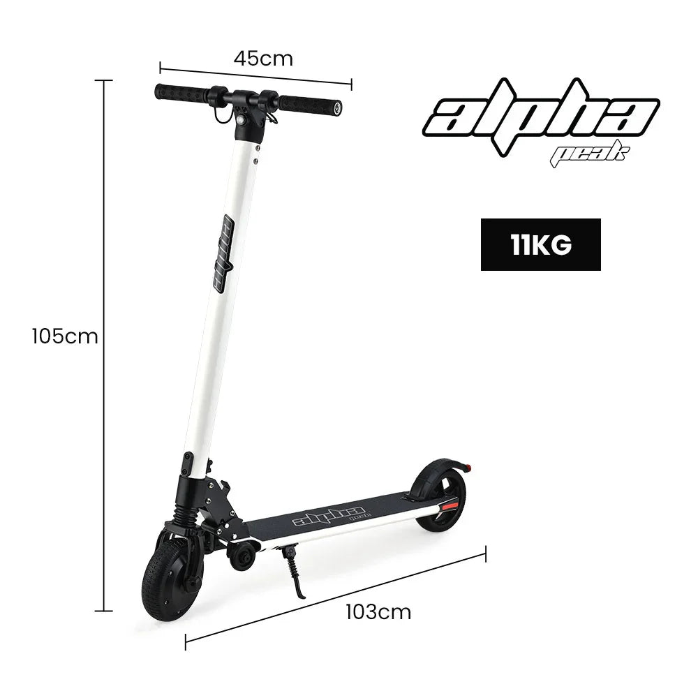 Lightweight white electric scooter with dimensions 105cm x 103cm x 45cm, weighing 11kg