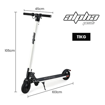 Lightweight white electric scooter with dimensions 105cm x 103cm x 45cm, weighing 11kg