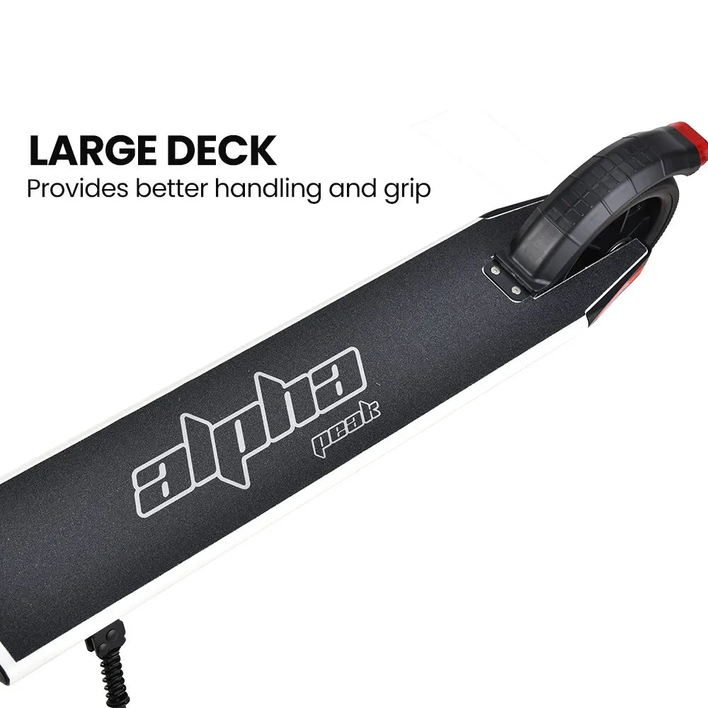 Close-up of electric scooter deck with large grip surface and rear wheel visible.