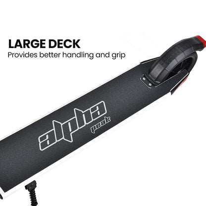 Close-up of electric scooter deck with large grip surface and rear wheel visible.