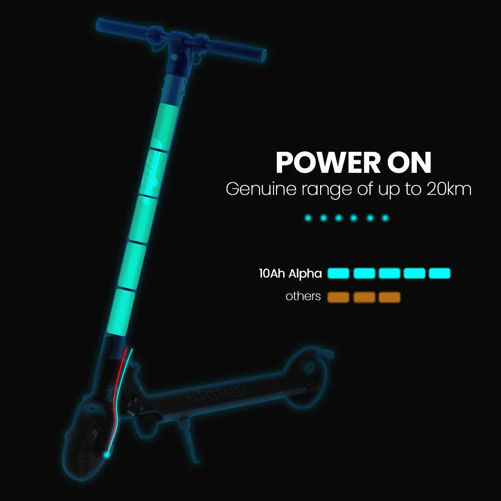 Electric scooter with illuminated battery indicator, 20km range, battery comparison chart