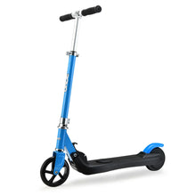Blue and black kick scooter with adjustable handlebar and two wheels on white background