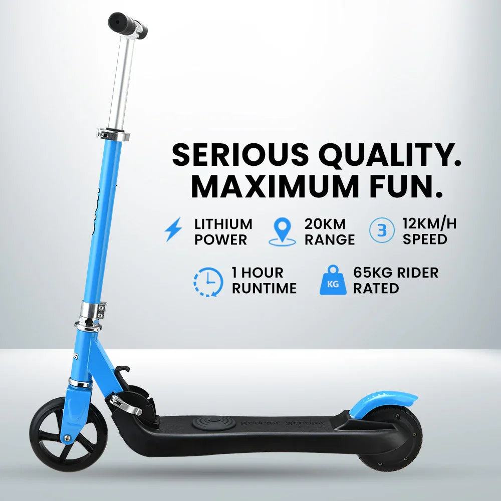 Blue electric scooter with lithium power, 20km range, 12km/h speed, 65kg rider limit.