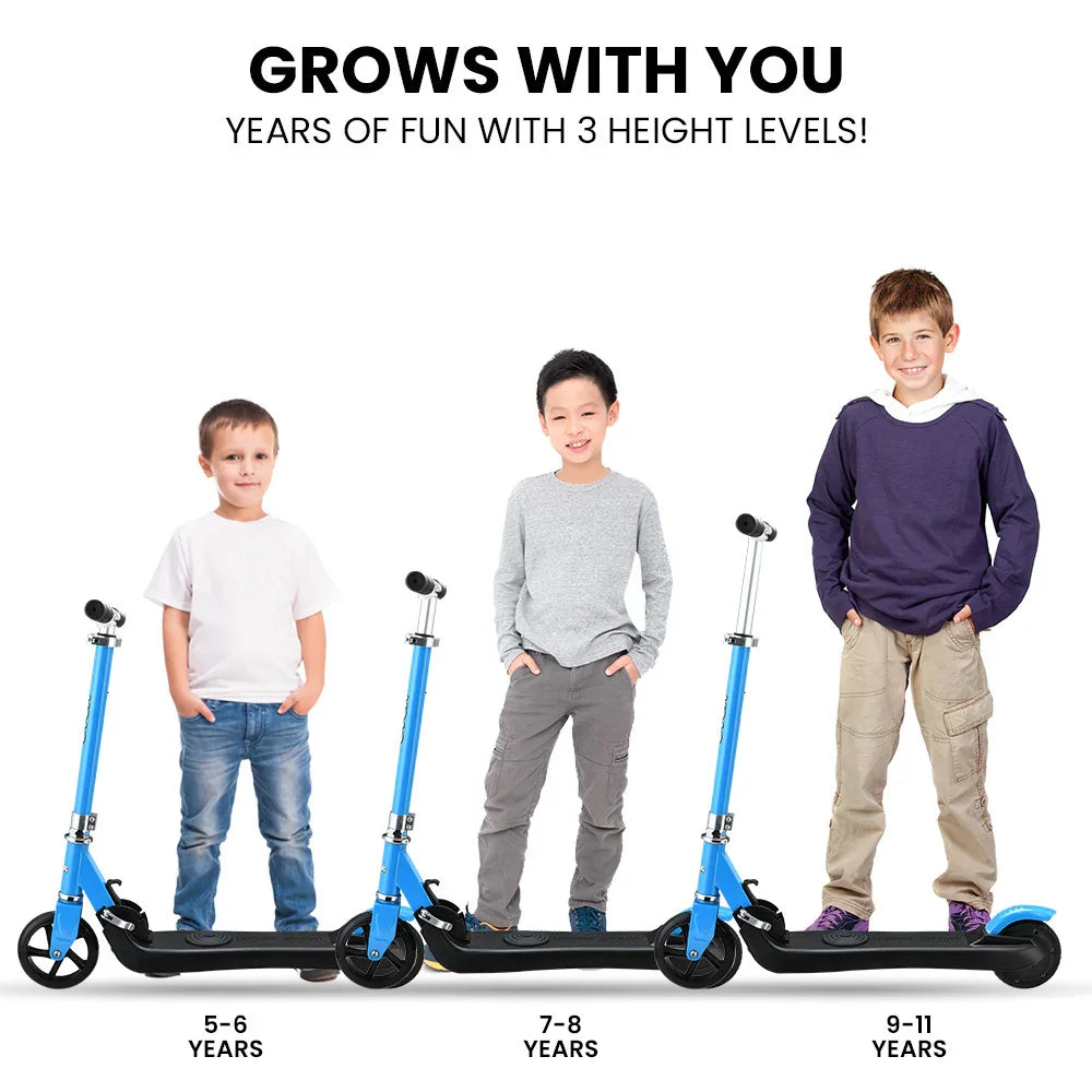 Kids with blue adjustable scooters for ages 5-11, showcasing three height levels.