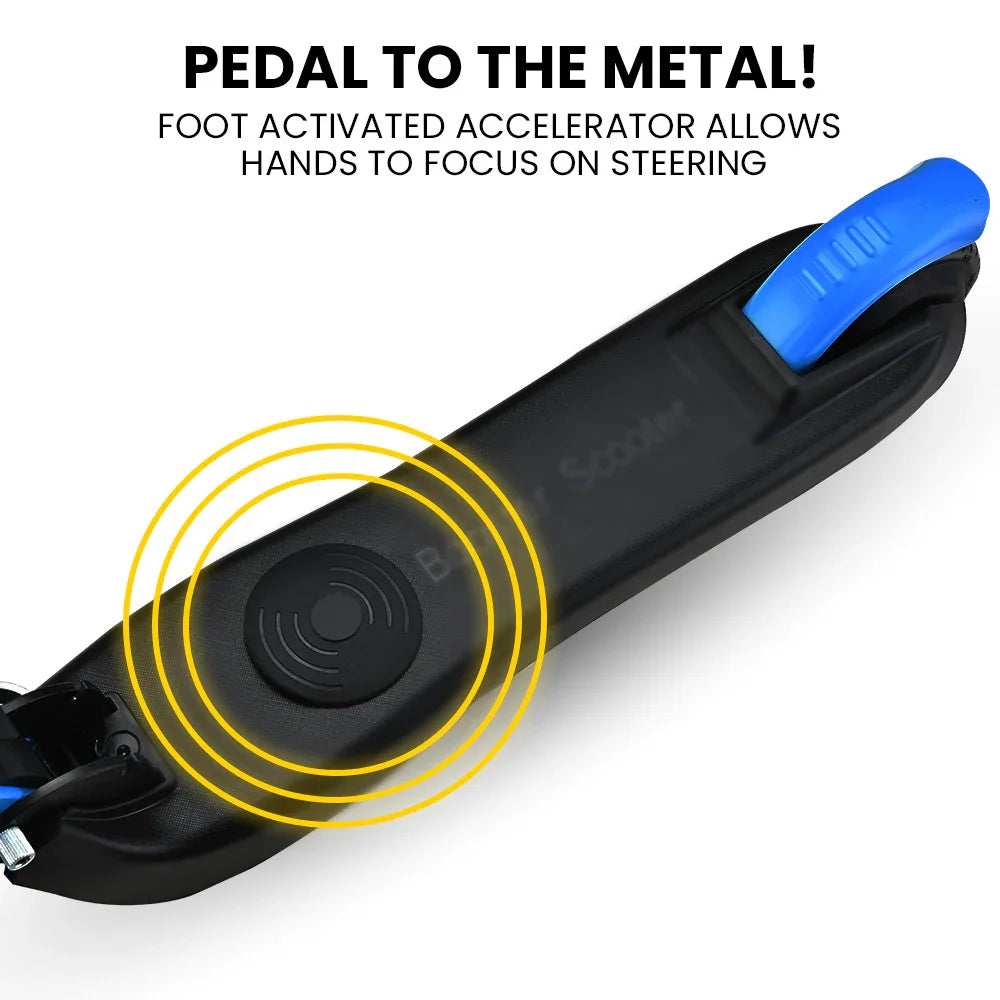 Closeup of foot-activated accelerator pedal with blue control, used for hands-free scooter acceleration