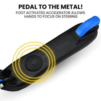 Closeup of foot-activated accelerator pedal with blue control, used for hands-free scooter acceleration