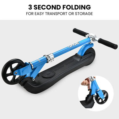 Blue foldable kick scooter with black deck, large wheels, and easy folding mechanism