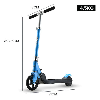 Blue foldable kick scooter with adjustable handlebar, size dimensions and weight shown