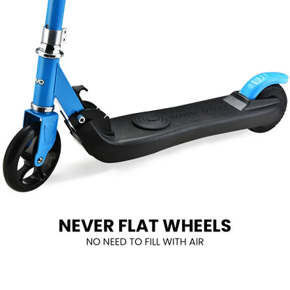 Blue kids scooter with never flat wheels and durable foot deck on white background