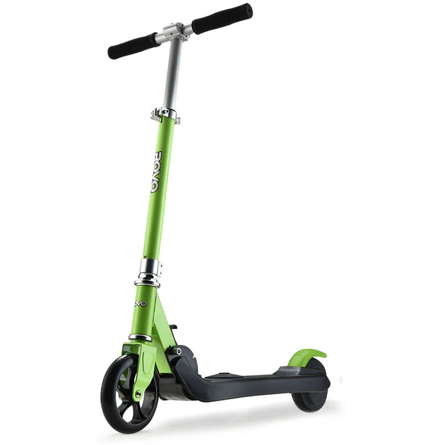 Green foldable kick scooter with black wheels, adjustable handlebar, and foot brake on white background.