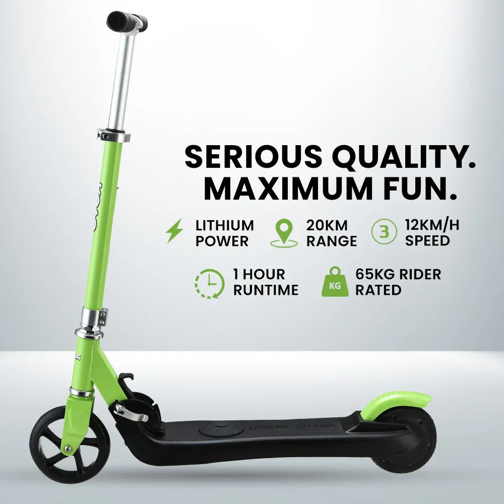 Green electric scooter with adjustable handlebar, lithium power, 20km range, 12km/h speed, 65kg max load, and 1 hour runtime.