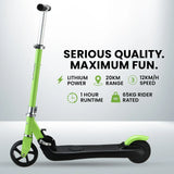 Green electric scooter with adjustable handlebar, lithium power, 20km range, 12km/h speed, 65kg max load, and 1 hour runtime.