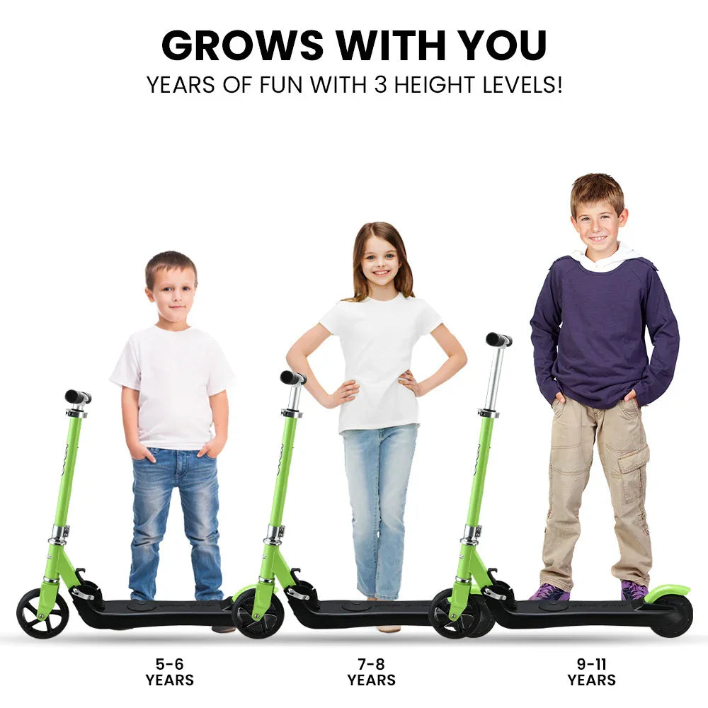 Kids of different ages with adjustable green kick scooter, three height levels, ages 5-11.