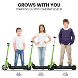 Kids of different ages with adjustable green kick scooter, three height levels, ages 5-11.