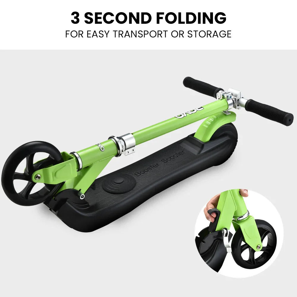 Foldable green kick scooter with black wheels, showing quick folding mechanism for easy storage.