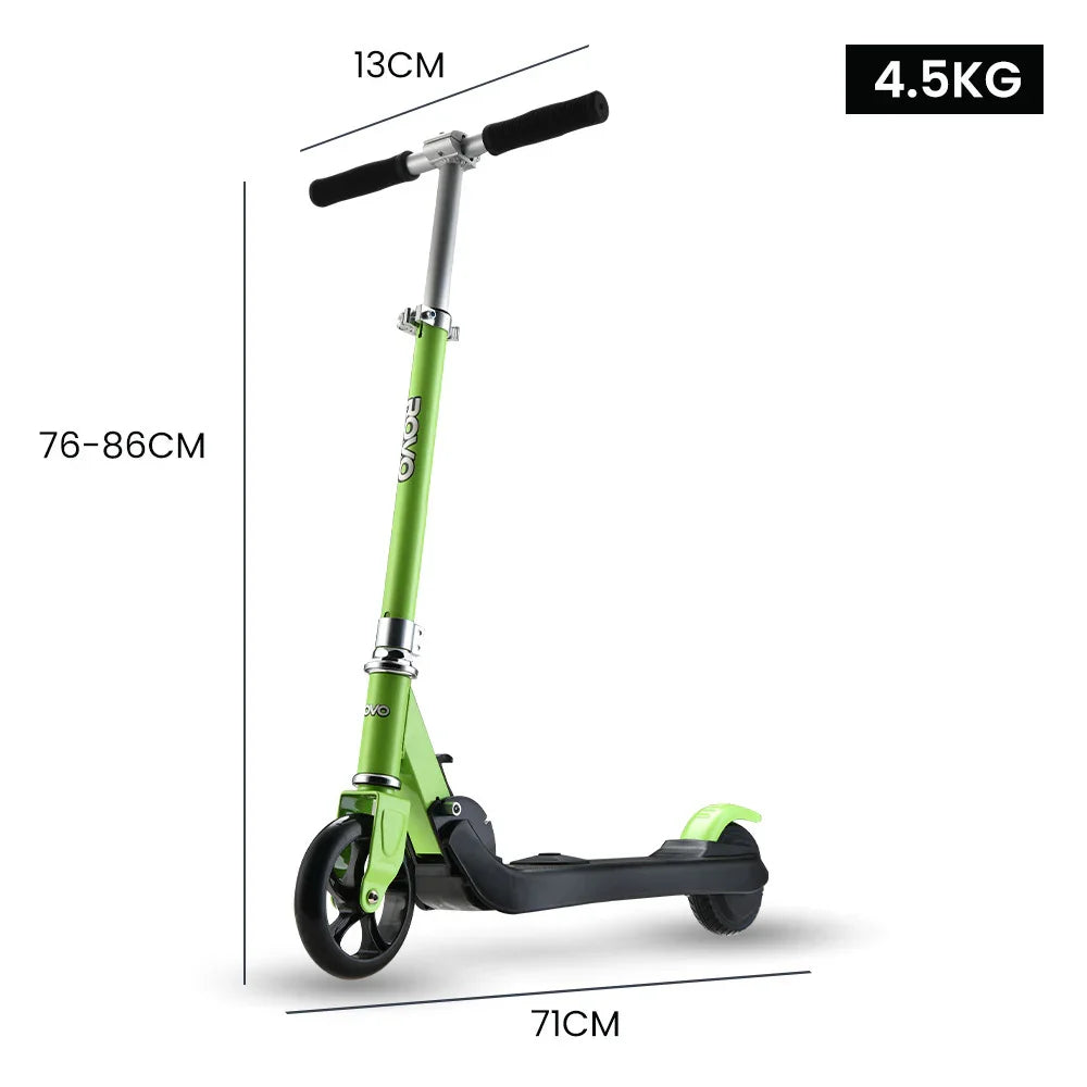 Green foldable kick scooter with adjustable handlebar, size and weight dimensions shown