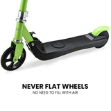 Green and black kick scooter with never flat wheels and text highlighting airless tires