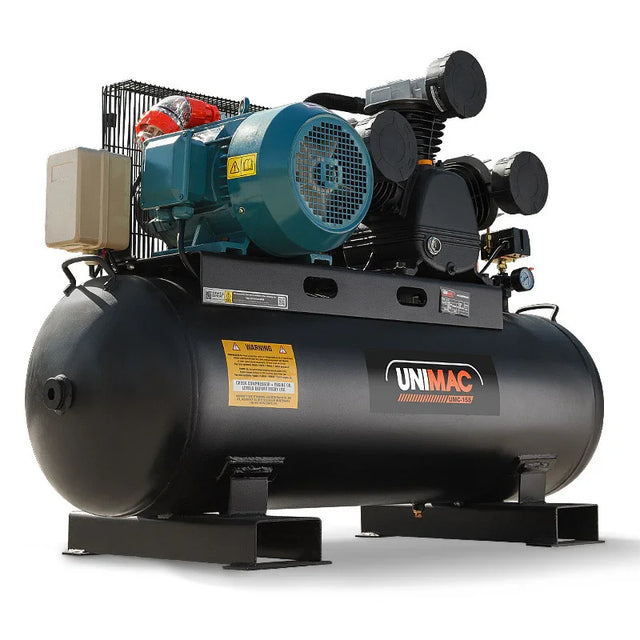 Industrial electric air compressor with large black tank and motor, suitable for workshops