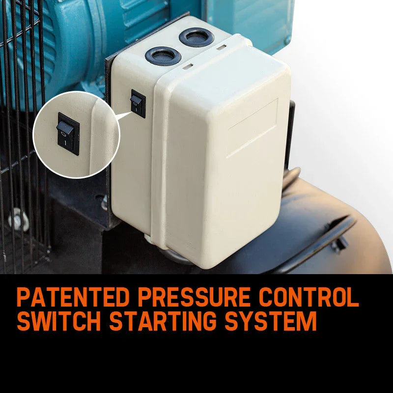 Pressure control switch box on machinery, closeup showing on-off switch and wiring ports.