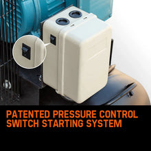 Pressure control switch box on machinery, closeup showing on-off switch and wiring ports.