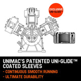 Technical diagram of engine with Uni-Glide coated sleeves for smooth running and durability.