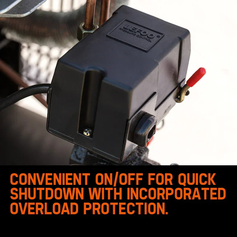 Black pressure control switch box with red lever, featuring on/off and overload protection.