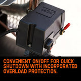 Black pressure control switch box with red lever, featuring on/off and overload protection.