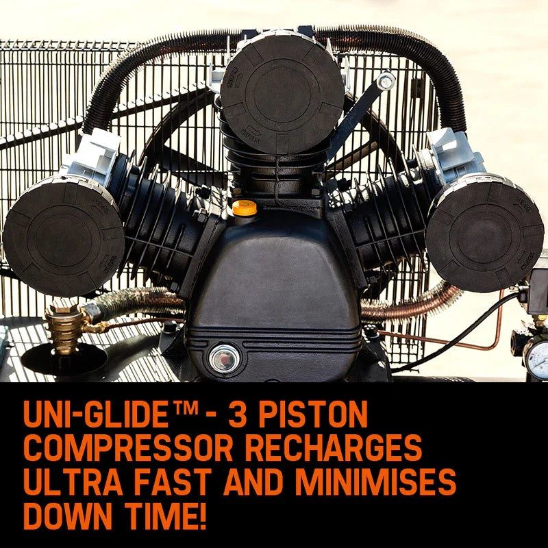 Industrial 3 piston air compressor with protective grill, marketing text about fast recharge