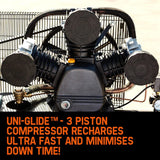 Industrial 3 piston air compressor with protective grill, marketing text about fast recharge