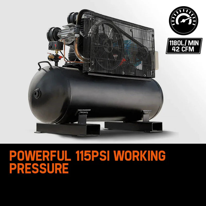 Large black air compressor with 115 PSI working pressure, 1180L/min, 42 CFM, industrial-grade equipment