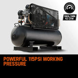 Large black air compressor with 115 PSI working pressure, 1180L/min, 42 CFM, industrial-grade equipment